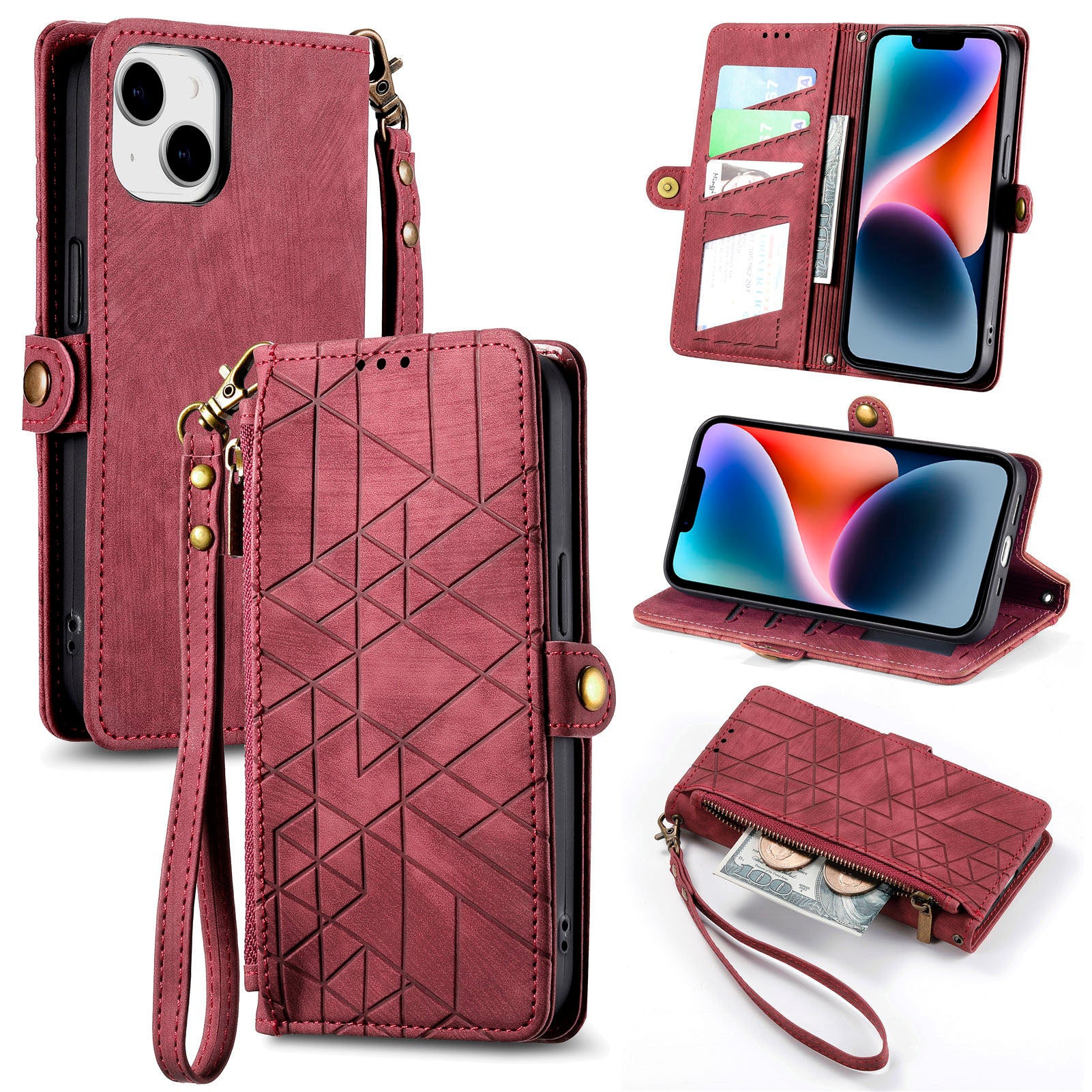 Zipper Pocket Phone Case for iPhone 14 Geometry Imprinted PU Leather Cover with Stand Wallet Zipper Pocket Phone Case for iPhone 14 Geometry Imprinted PU Leather Cover with Stand Wallet